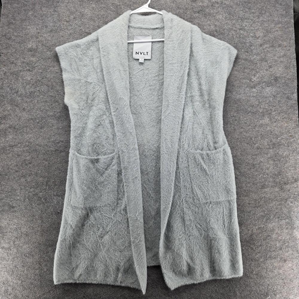 NVLT Vest Womens Large Light Gray Fuzzy Sleeveless Open Front Pockets Cozy Soft